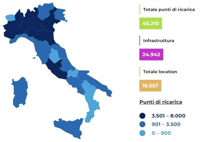 Distribution of charging points in Italy according to Motus - E.