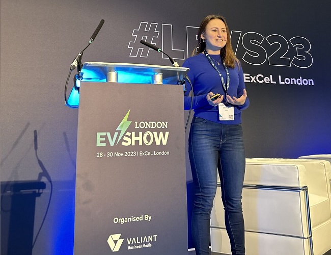 Albina Iljasov, Director of Europe at XCharge, at the London EV Show.