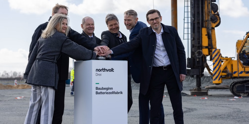 German politicians and executives from the company celebrate the start of construction at Northvolt Drei